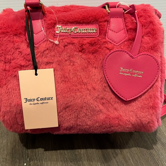 SOLD!! Juicy Couture Hot Pink Faux Fur Fluffy Free Love Satchel Crossbody Bag - Picture 2 of 3